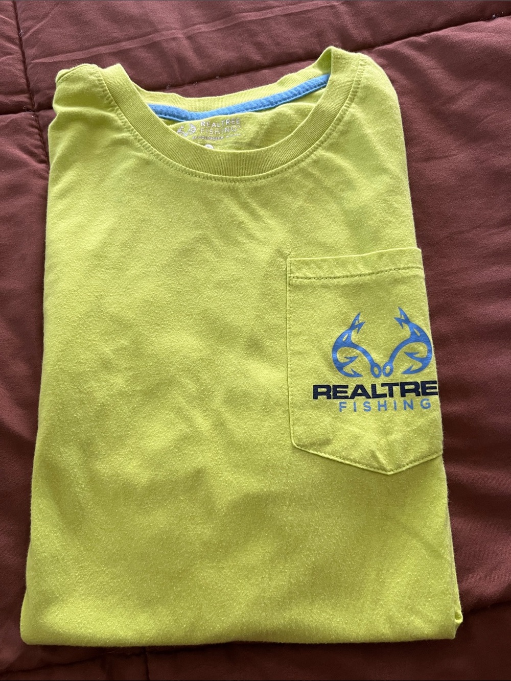 Realtree Fishing Lime Green Tee with Blue Logo Pocket